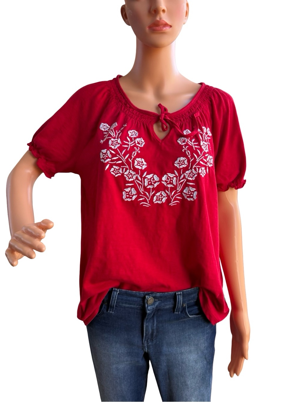 Tommy Hilfiger Red Floral Embroidered Keyhole Peasant Blouse